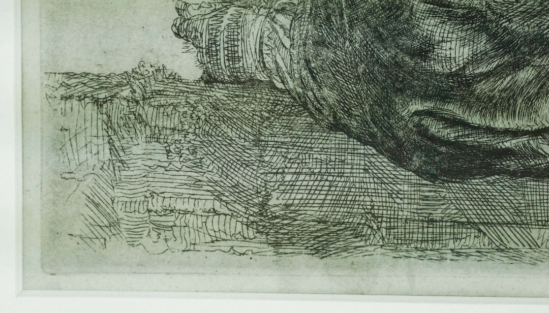 Close-up of Rembrandt's etching 'Leaning on a stone sill', showcasing intricate details and textures.