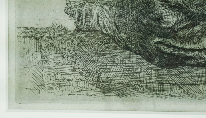 Close-up of Rembrandt's etching 'Leaning on a stone sill', showcasing intricate details and textures.