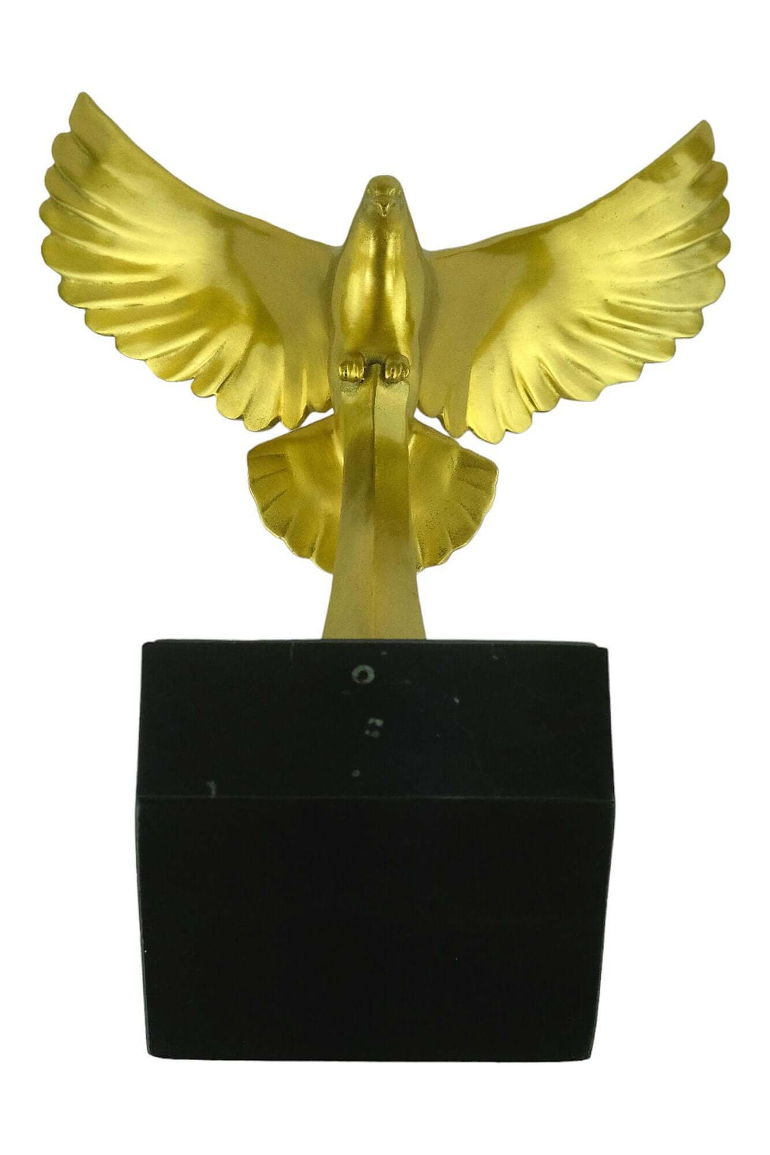 Golden pigeon sculpture mounted on a black base, showcasing detailed Art Deco style and elegant design.