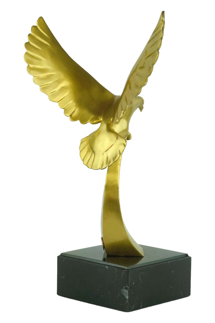Art Deco style golden pigeon sculpture on marble base, ideal for pigeon lovers and decorative accents.