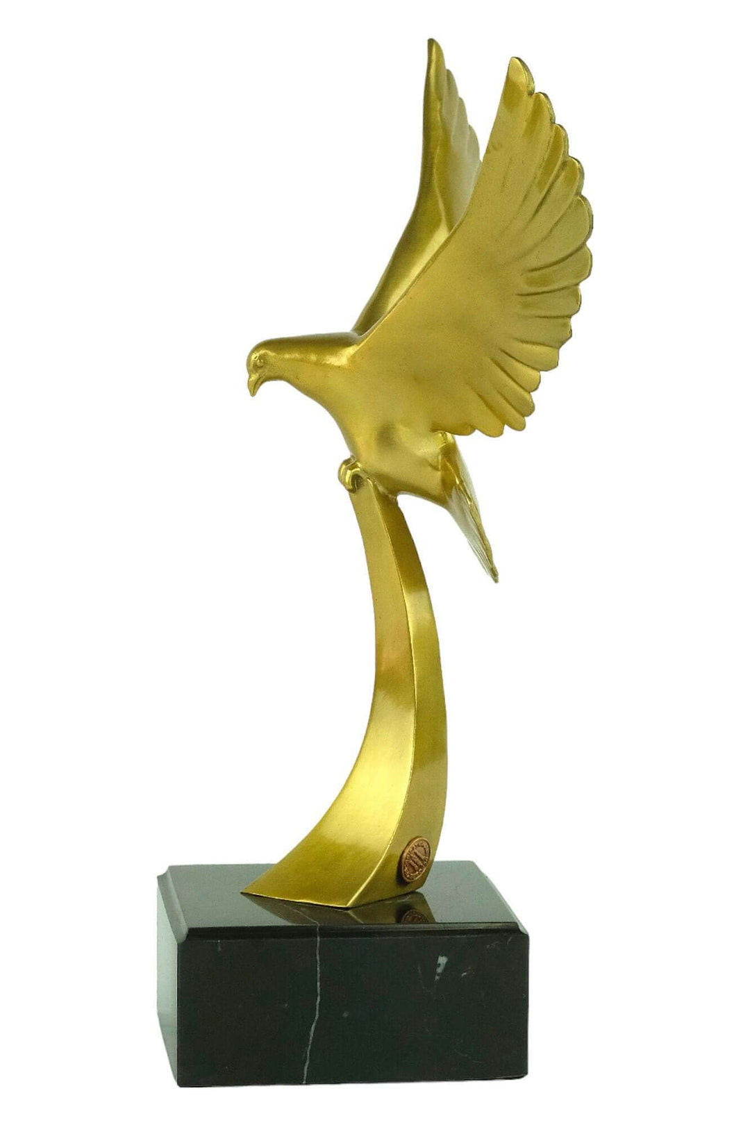 Elegant gold bird sculpture with outstretched wings, mounted on a sleek marble base, perfect for bird lovers.