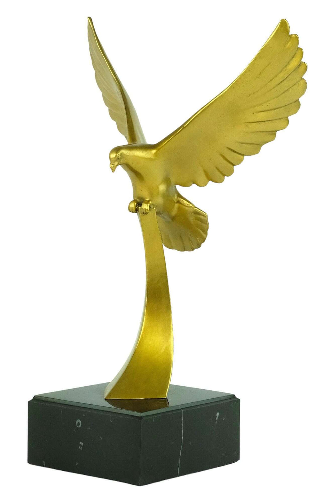 Art Deco style golden eagle sculpture mounted on a black marble base, perfect for bird lovers and home decor.
