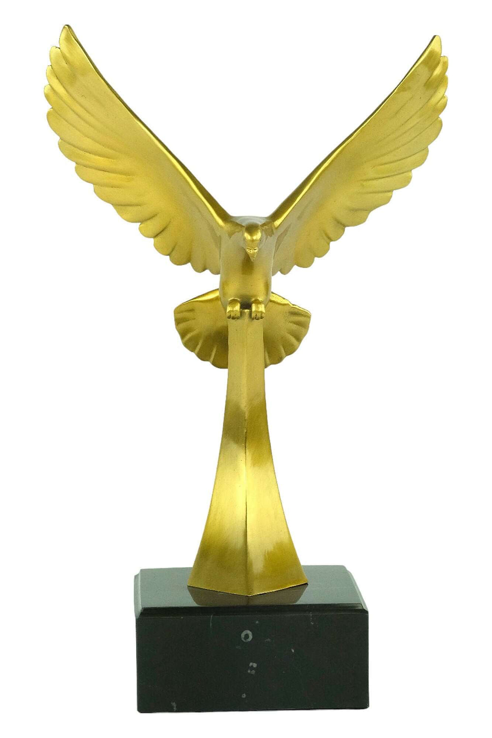 Golden eagle sculpture with wings spread, mounted on a black marble base, ideal for bird lovers and art enthusiasts.