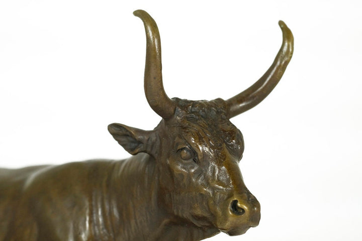 Bronze Sculpture of a Standing Bull with Big Horns - Home Deco Statue - Animal Art Figure