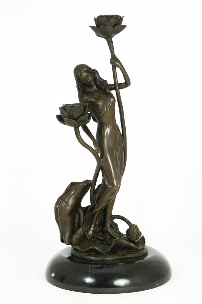 Art Nouveau Style Bronze Candleholder with Female and Florale Decoration - Candelabra - Candle Stick Holder - Candle Holder - Home Deco