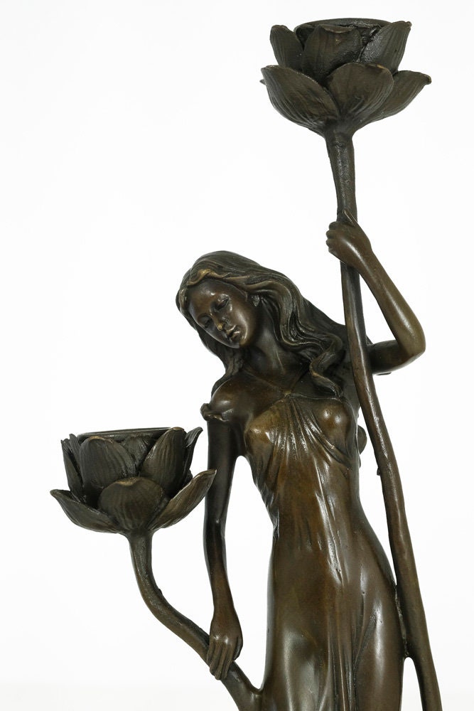 Art Nouveau Style Bronze Candleholder with Female and Florale Decoration - Candelabra - Candle Stick Holder - Candle Holder - Home Deco