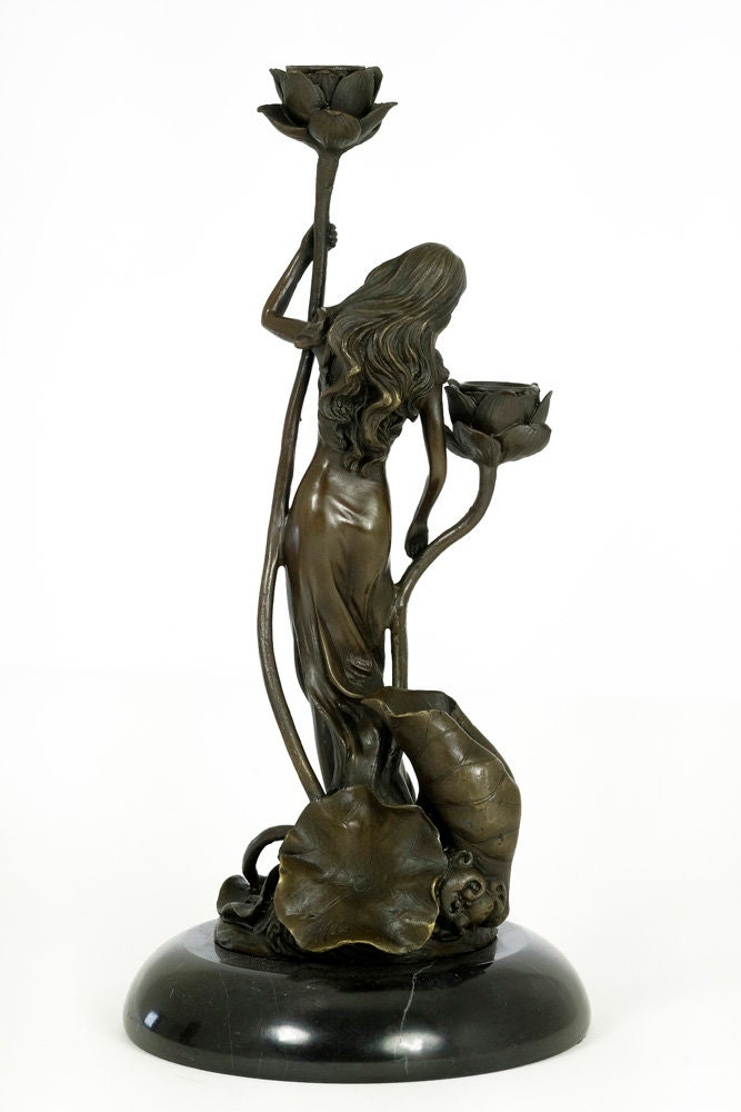 Art Nouveau Style Bronze Candleholder with Female and Florale Decoration - Candelabra - Candle Stick Holder - Candle Holder - Home Deco