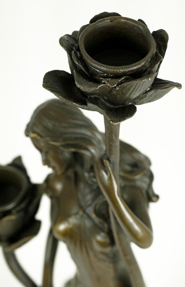 Art Nouveau Style Bronze Candleholder with Female and Florale Decoration - Candelabra - Candle Stick Holder - Candle Holder - Home Deco