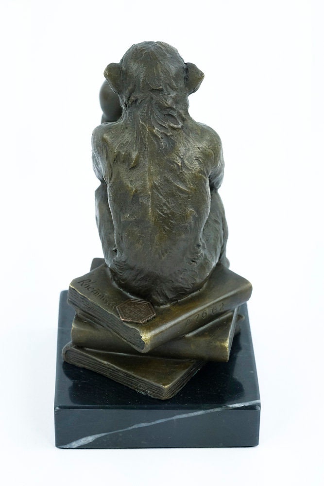 Bronze Philosophizing Monkey Holding a Skull Statue Animal Art Sculpture Ape on Books Bronze Monkey Figurine Darwins Monkey