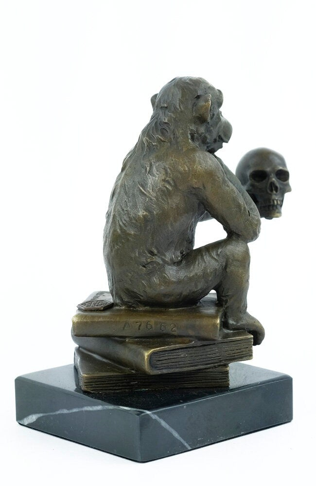 Bronze Philosophizing Monkey Holding a Skull Statue Animal Art Sculpture Ape on Books Bronze Monkey Figurine Darwins Monkey