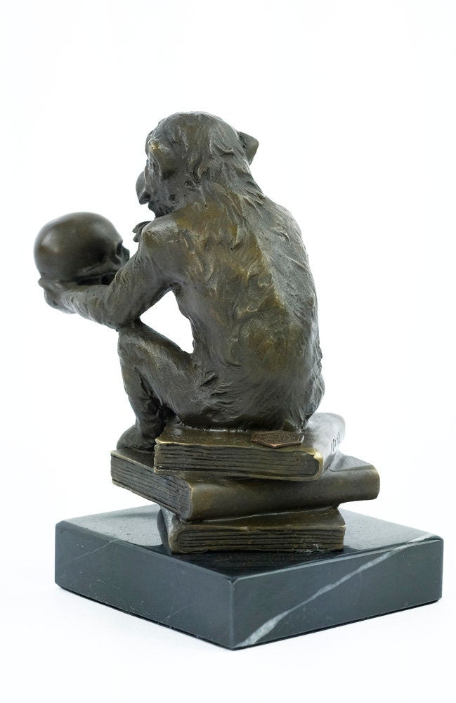Bronze Philosophizing Monkey Holding a Skull Statue Animal Art Sculpture Ape on Books Bronze Monkey Figurine Darwins Monkey