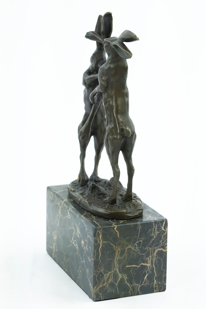 Bronze Sculpture of Two Boxing Hares Bronze Animal Art Figurine Fighting Hares Statue Hunting Collectable Animal Decoration Bunnies Art
