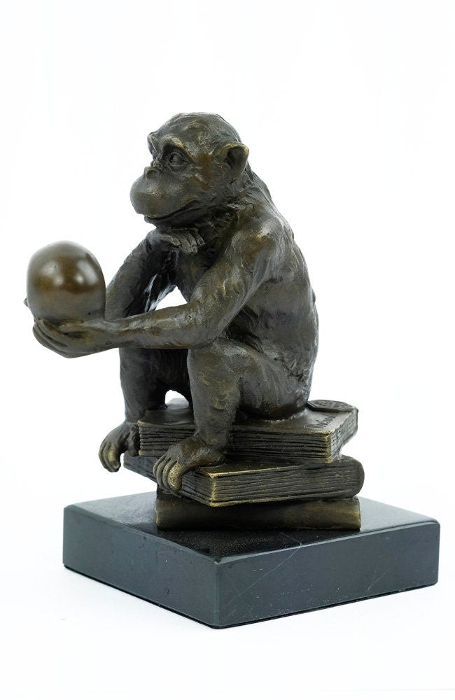 Bronze Philosophizing Monkey Holding a Skull Statue Animal Art Sculpture Ape on Books Bronze Monkey Figurine Darwins Monkey