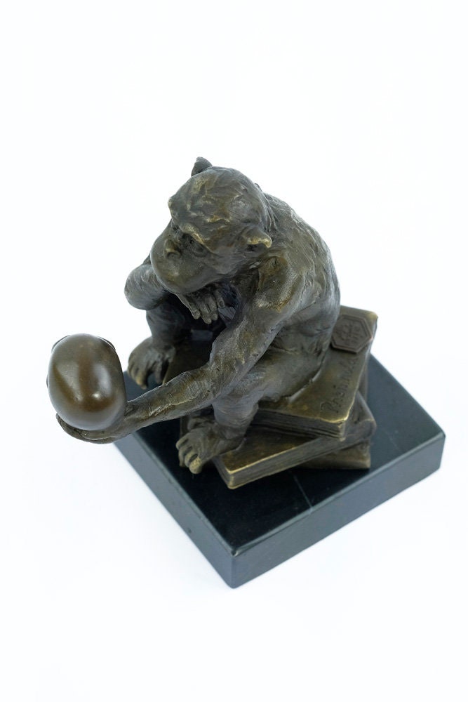 Bronze Philosophizing Monkey Holding a Skull Statue Animal Art Sculpture Ape on Books Bronze Monkey Figurine Darwins Monkey
