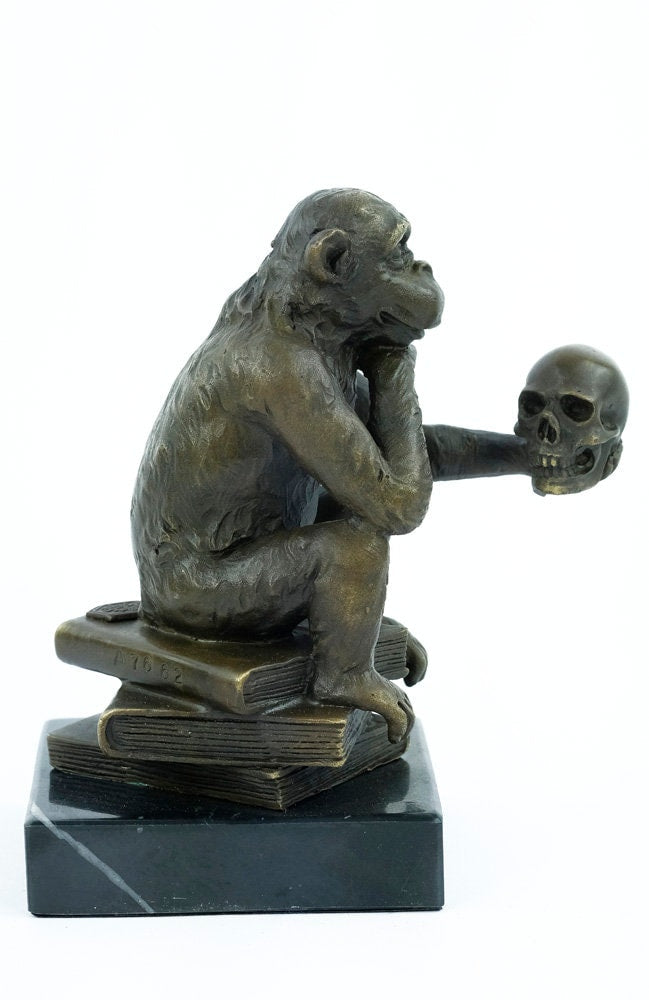 Bronze Philosophizing Monkey Holding a Skull Statue Animal Art Sculpture Ape on Books Bronze Monkey Figurine Darwins Monkey