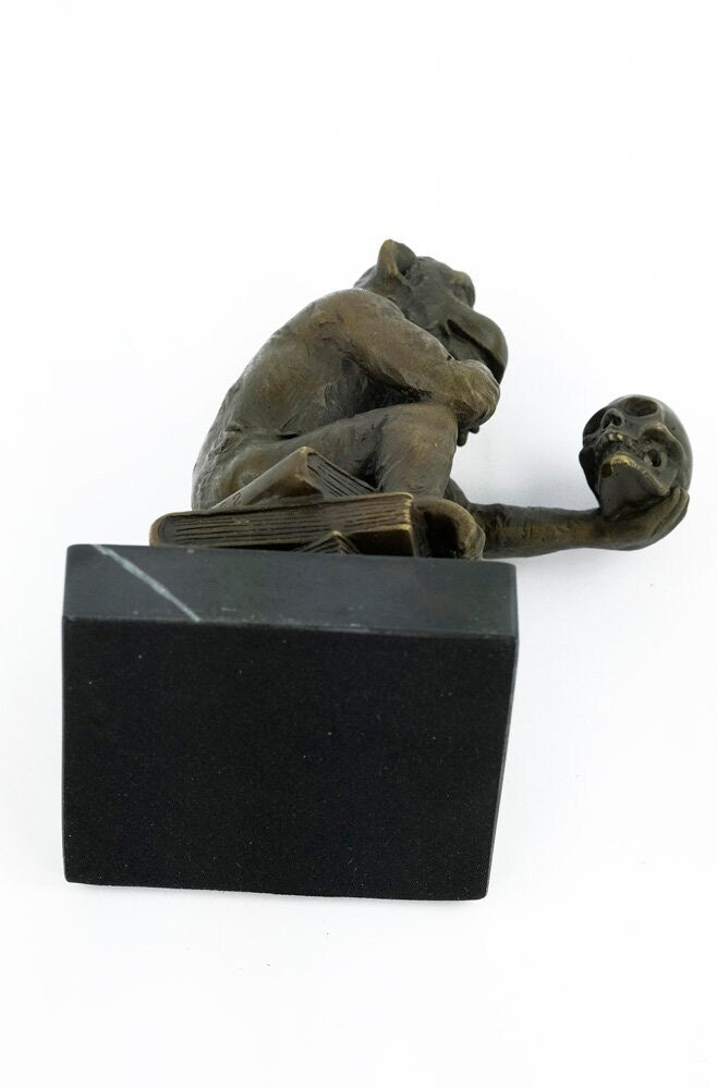 Bronze Philosophizing Monkey Holding a Skull Statue Animal Art Sculpture Ape on Books Bronze Monkey Figurine Darwins Monkey