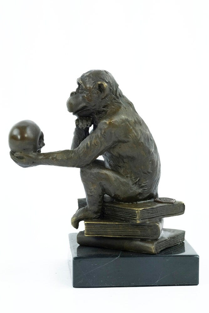 Bronze Philosophizing Monkey Holding a Skull Statue Animal Art Sculpture Ape on Books Bronze Monkey Figurine Darwins Monkey