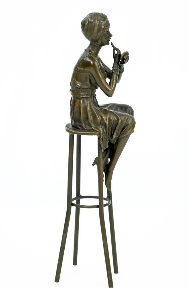 Bronze Sculpture of a Female on Barstool Putting on Lipstick Bronze Female Statue Bronze Woman Figurine Female Art Statue Art Deco Sculpture