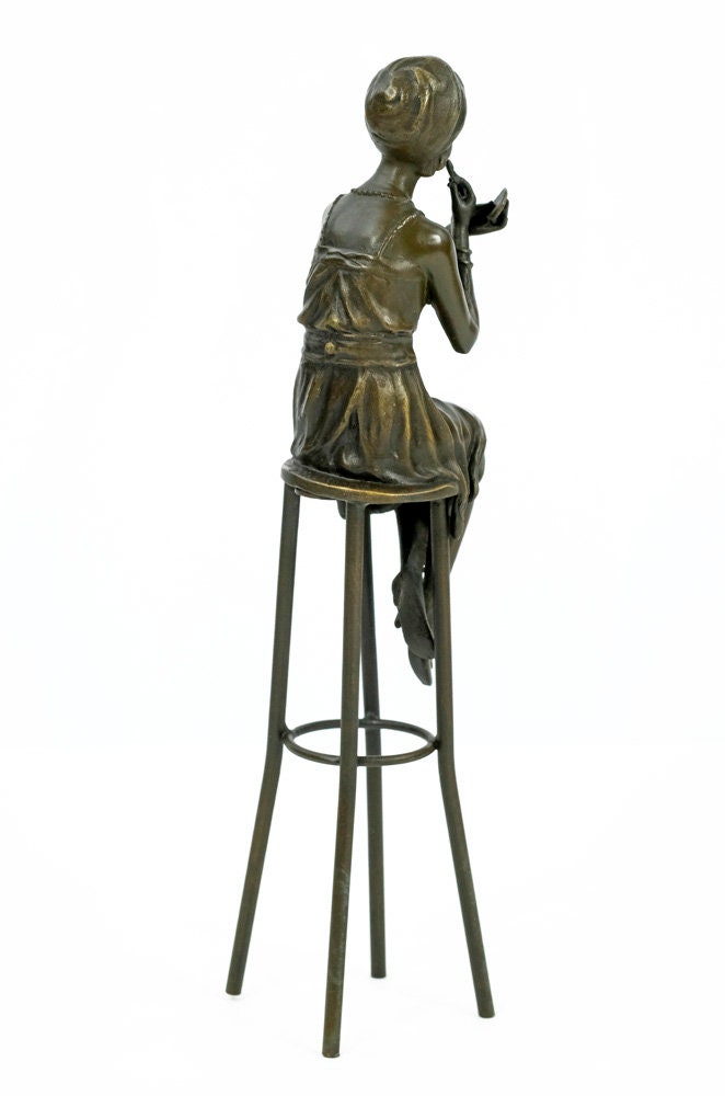 Bronze Sculpture of a Female on Barstool Putting on Lipstick Bronze Female Statue Bronze Woman Figurine Female Art Statue Art Deco Sculpture