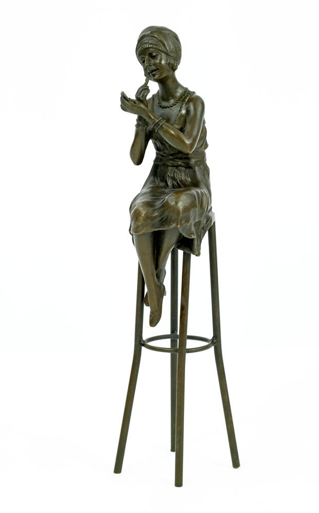 Bronze Sculpture of a Female on Barstool Putting on Lipstick Bronze Female Statue Bronze Woman Figurine Female Art Statue Art Deco Sculpture