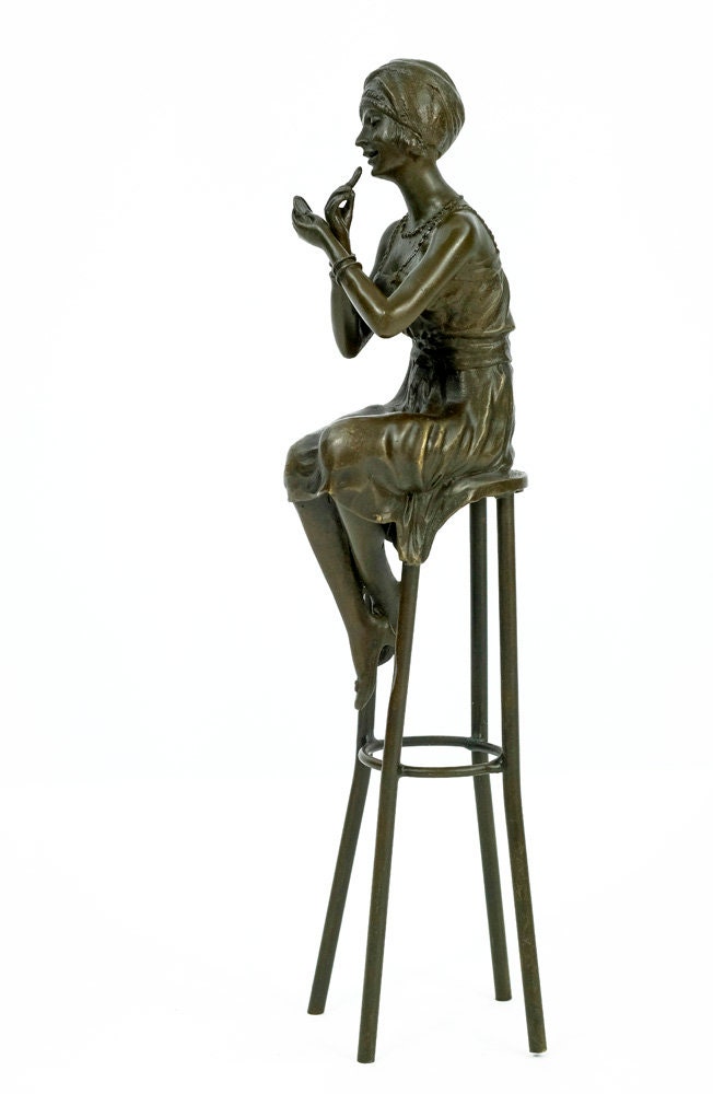 Bronze Sculpture of a Female on Barstool Putting on Lipstick Bronze Female Statue Bronze Woman Figurine Female Art Statue Art Deco Sculpture