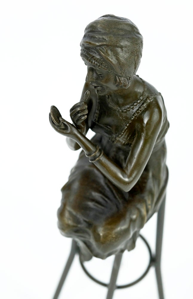Bronze Sculpture of a Female on Barstool Putting on Lipstick Bronze Female Statue Bronze Woman Figurine Female Art Statue Art Deco Sculpture