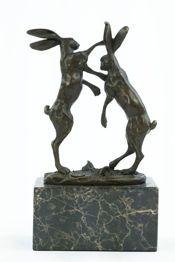 Bronze Sculpture of Two Boxing Hares Bronze Animal Art Figurine Fighting Hares Statue Hunting Collectable Animal Decoration Bunnies Art