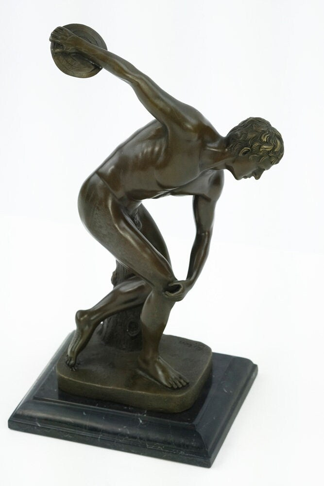 Bronze Discobolus Statue Ancient Greek Sculpture Bronze Discobolus of Myron Statue Nude Male Disc Thrower Bronze Art Statue Greek History