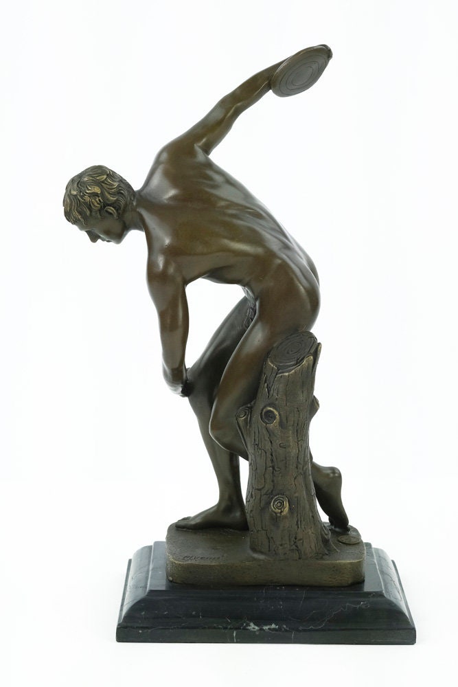 Bronze Discobolus Statue Ancient Greek Sculpture Bronze Discobolus of Myron Statue Nude Male Disc Thrower Bronze Art Statue Greek History