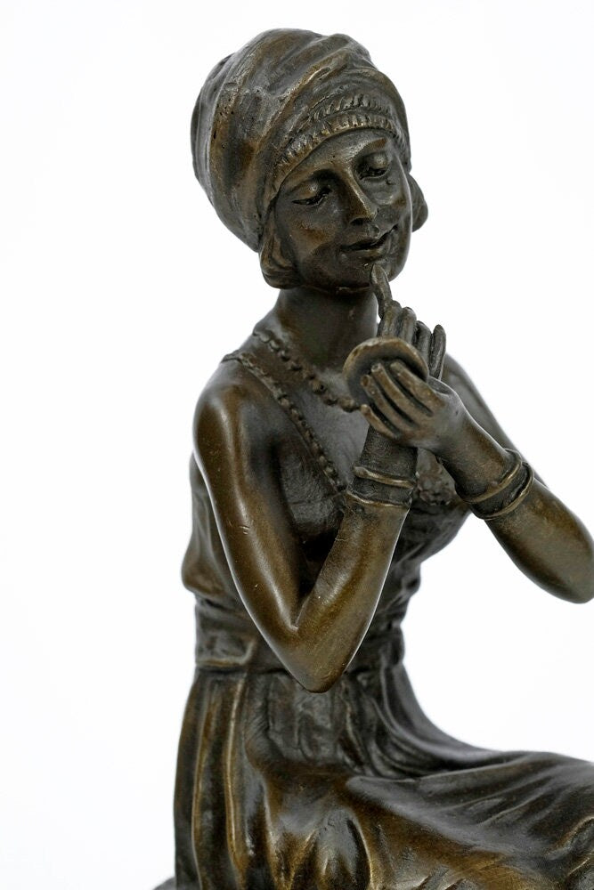 Bronze Sculpture of a Female on Barstool Putting on Lipstick Bronze Female Statue Bronze Woman Figurine Female Art Statue Art Deco Sculpture