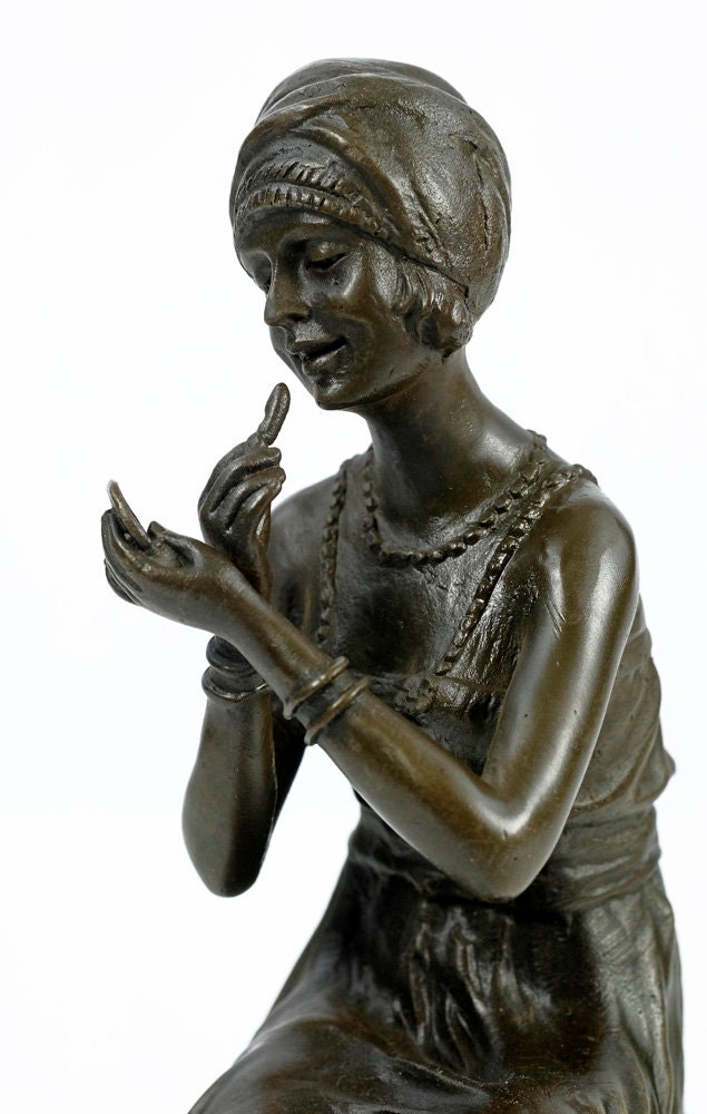 Bronze Sculpture of a Female on Barstool Putting on Lipstick Bronze Female Statue Bronze Woman Figurine Female Art Statue Art Deco Sculpture