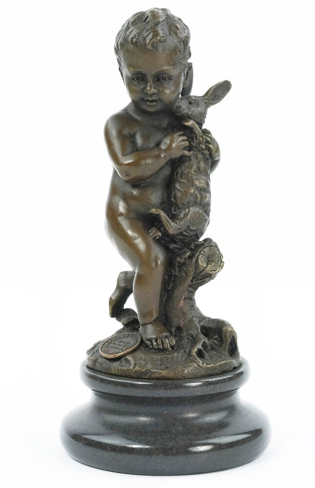 Bronze Sculpture of a Boy Holding a Bunny Rabbit Bronze Art Figurine Bronze Boy Statue Bronze Animal Statue Rabbit Figurine Art Decoration