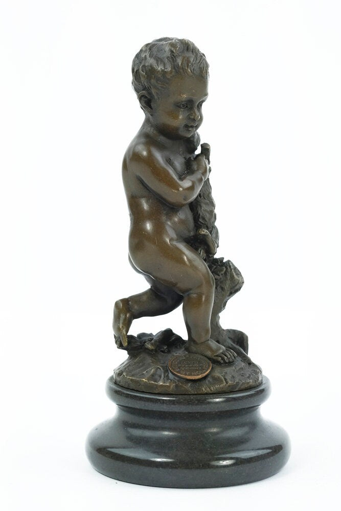 Bronze Sculpture of a Boy Holding a Bunny Rabbit Bronze Art Figurine Bronze Boy Statue Bronze Animal Statue Rabbit Figurine Art Decoration