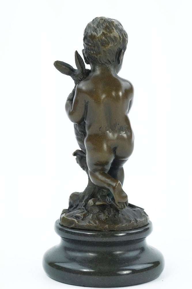 Bronze Sculpture of a Boy Holding a Bunny Rabbit Bronze Art Figurine Bronze Boy Statue Bronze Animal Statue Rabbit Figurine Art Decoration