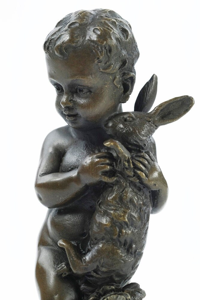Bronze Sculpture of a Boy Holding a Bunny Rabbit Bronze Art Figurine Bronze Boy Statue Bronze Animal Statue Rabbit Figurine Art Decoration