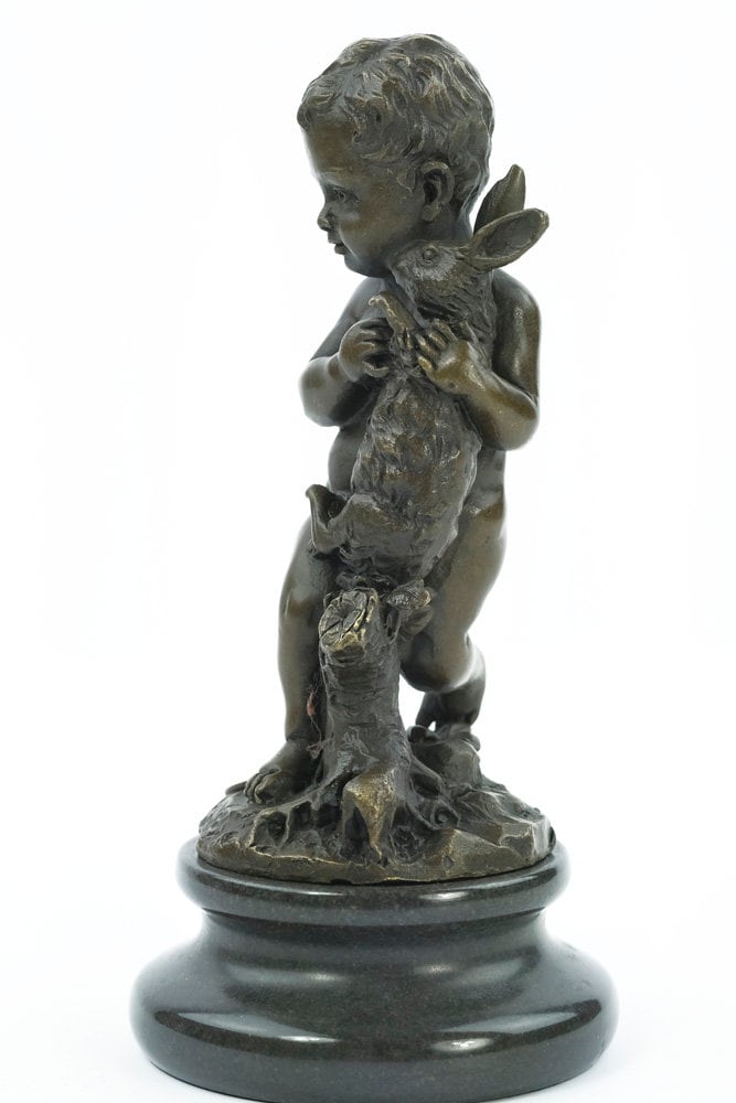Bronze Sculpture of a Boy Holding a Bunny Rabbit Bronze Art Figurine Bronze Boy Statue Bronze Animal Statue Rabbit Figurine Art Decoration