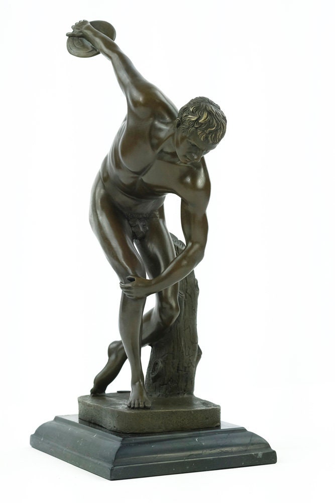Bronze Discobolus Statue Ancient Greek Sculpture Bronze Discobolus of Myron Statue Nude Male Disc Thrower Bronze Art Statue Greek History