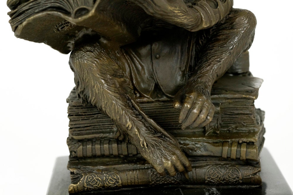 Bronze Sculpture of a Monkey on a Pile of Books Philosophizing Monkey in Steampunk Style Bronze Ape Sculpture Darwins Ape Art Statue