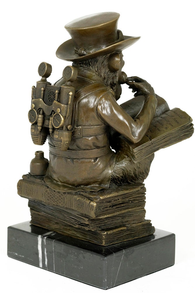 Bronze Sculpture of a Monkey on a Pile of Books Philosophizing Monkey in Steampunk Style Bronze Ape Sculpture Darwins Ape Art Statue