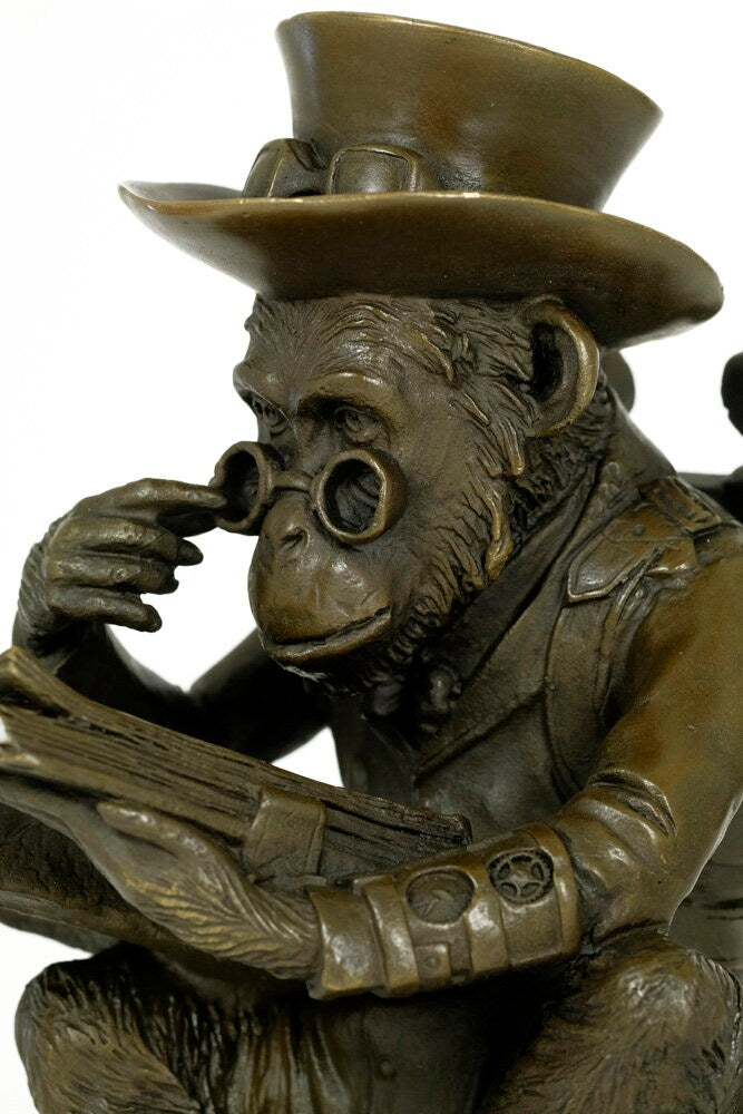 Bronze Sculpture of a Monkey on a Pile of Books Philosophizing Monkey in Steampunk Style Bronze Ape Sculpture Darwins Ape Art Statue
