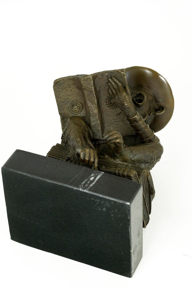Bronze Sculpture of a Monkey on a Pile of Books Philosophizing Monkey in Steampunk Style Bronze Ape Sculpture Darwins Ape Art Statue