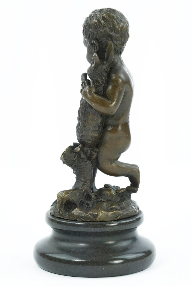 Bronze Sculpture of a Boy Holding a Bunny Rabbit Bronze Art Figurine Bronze Boy Statue Bronze Animal Statue Rabbit Figurine Art Decoration