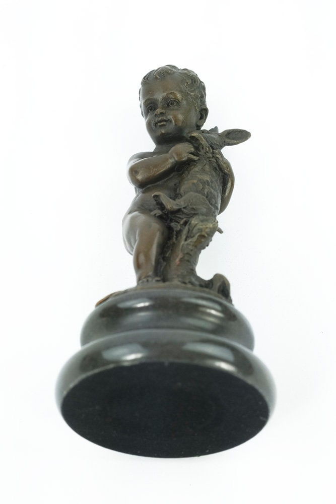 Bronze Sculpture of a Boy Holding a Bunny Rabbit Bronze Art Figurine Bronze Boy Statue Bronze Animal Statue Rabbit Figurine Art Decoration
