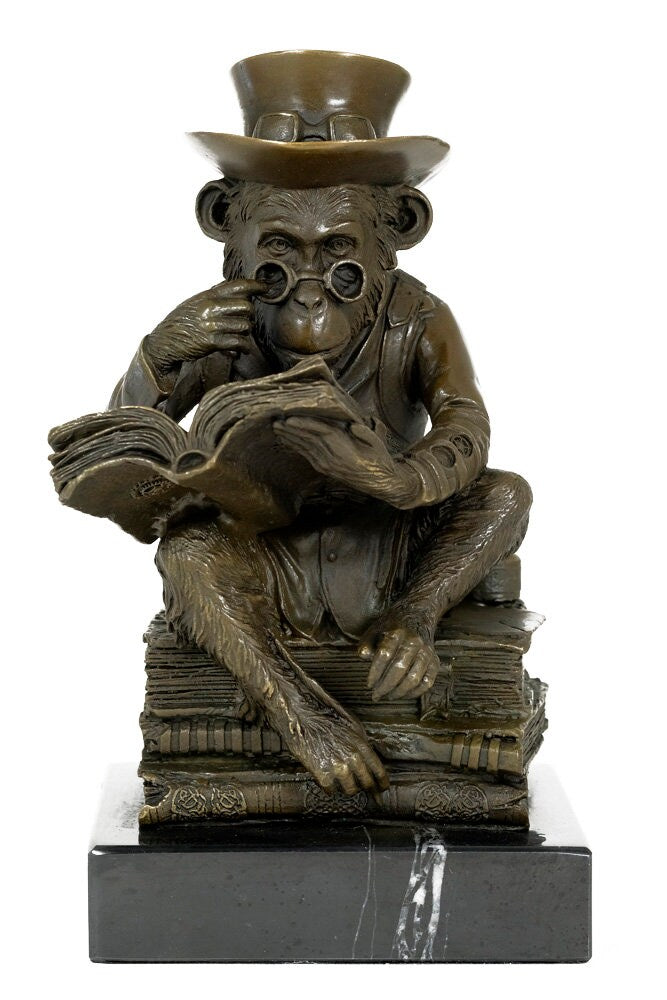 Bronze Sculpture of a Monkey on a Pile of Books Philosophizing Monkey in Steampunk Style Bronze Ape Sculpture Darwins Ape Art Statue