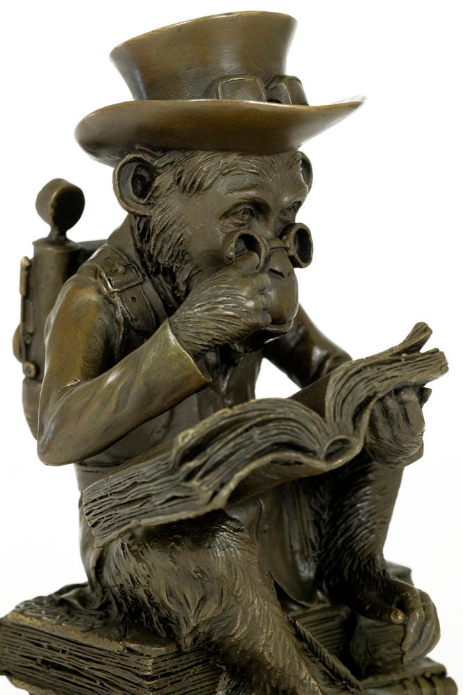 Bronze Sculpture of a Monkey on a Pile of Books Philosophizing Monkey in Steampunk Style Bronze Ape Sculpture Darwins Ape Art Statue
