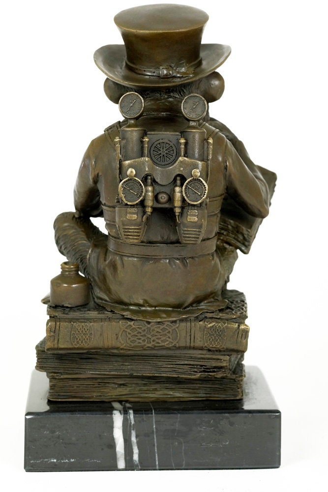 Bronze Sculpture of a Monkey on a Pile of Books Philosophizing Monkey in Steampunk Style Bronze Ape Sculpture Darwins Ape Art Statue