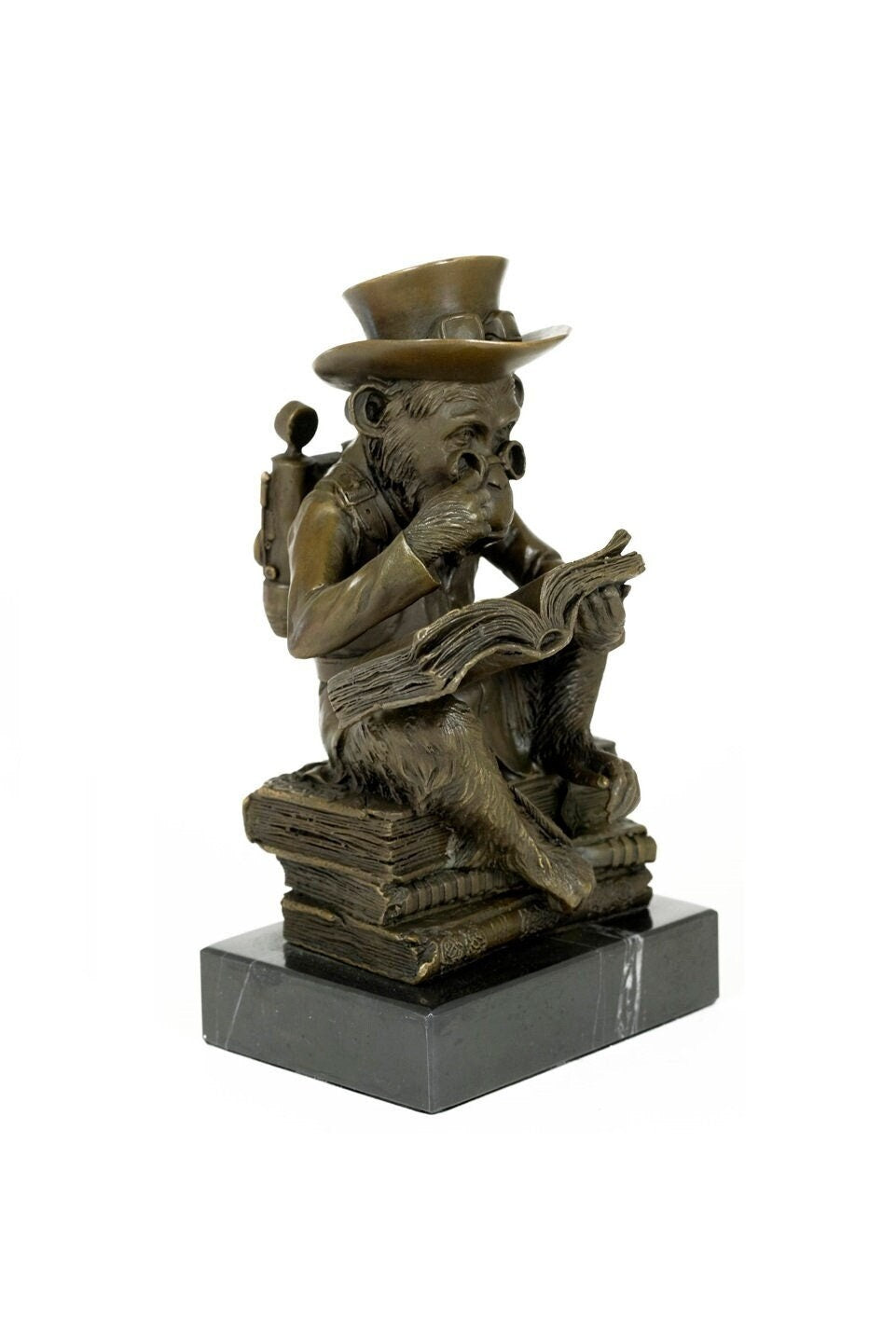 Bronze Sculpture of a Monkey on a Pile of Books Philosophizing Monkey in Steampunk Style Bronze Ape Sculpture Darwins Ape Art Statue