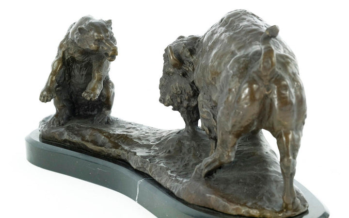 Large Bronze Sculpture of a Bear Fighting a Bison Animal Art Figurine Bronze Bison Statue Wildlife Sculpture Hunting Decoration Bronze Bear