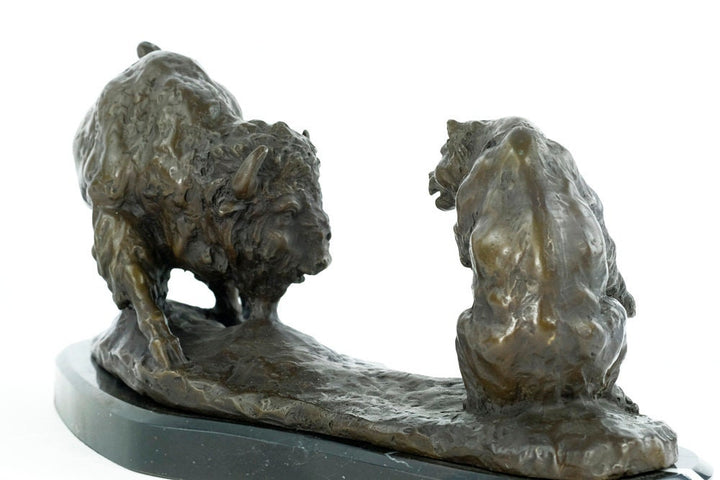 Large Bronze Sculpture of a Bear Fighting a Bison Animal Art Figurine Bronze Bison Statue Wildlife Sculpture Hunting Decoration Bronze Bear