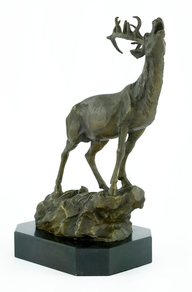 Bronze Deer Statue Bellowing Deer Sculpture Deer on Rock Figurine Red Deer with Large Antlers Sculpture Animal Art Figurine Deer Decoration